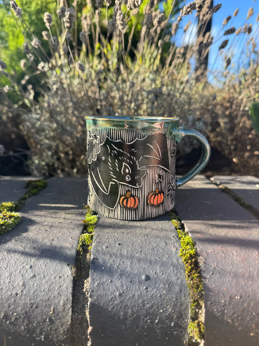 Bat and Pumpkin Mug Forest Green Large